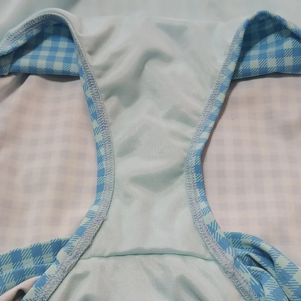 NWT Lands' End Aqua Blue Gingham Tummy Control Swim Dress Size 12 LONG Modest